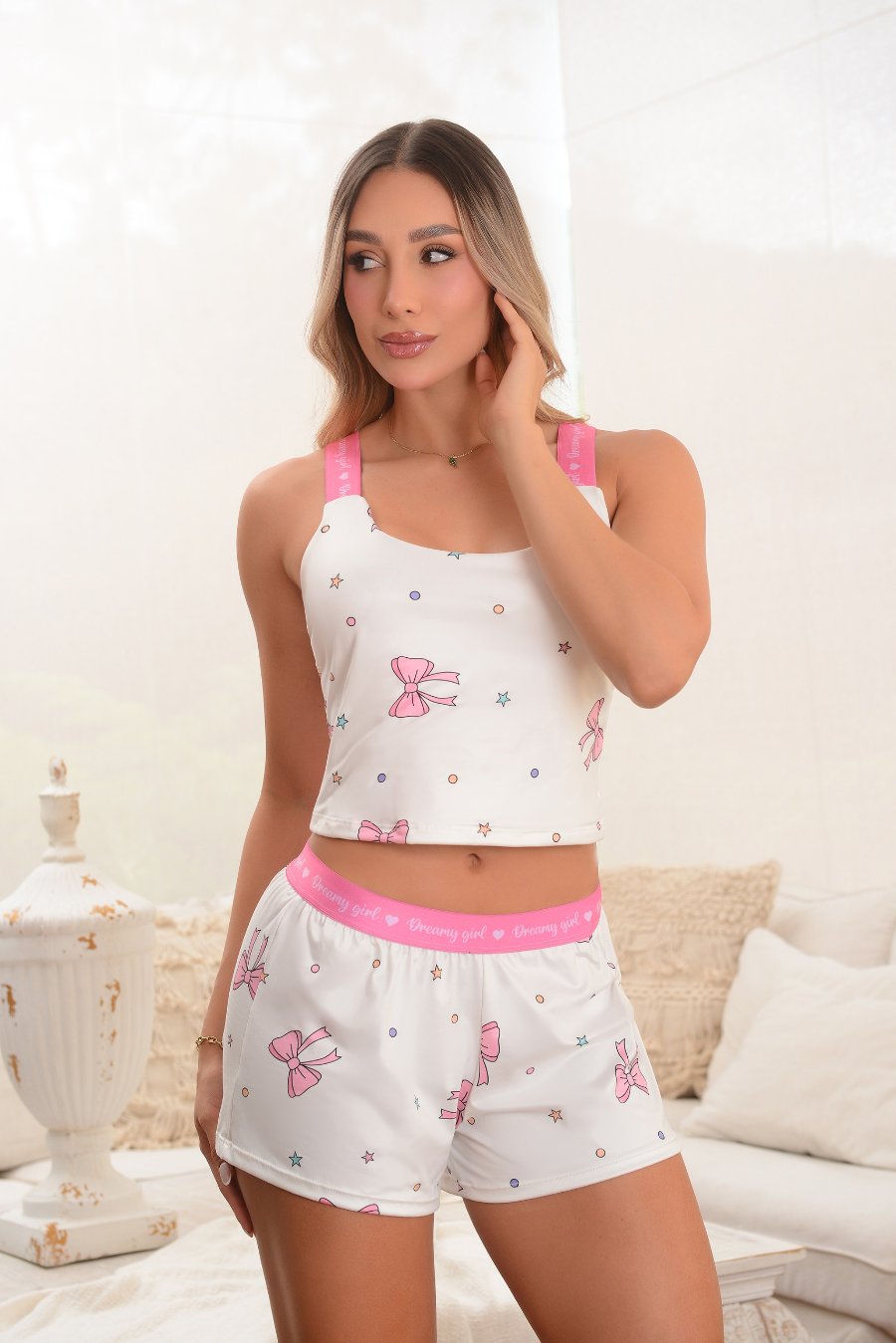 Pijama Short Moños Rosados — Sueños de Luna